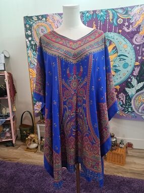 Blue Bazaar Dream Kaftan • Jewel Tone Paisley Boho Maxi • One Size